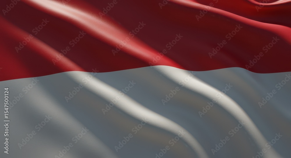 Fototapeta premium Close-up shot of the national flag of Monaco, waving in the wind, detailed fabric texture, sunlight softly reflecting on the folds, cinematic lighting, shallow depth of field, realistic wind movement,