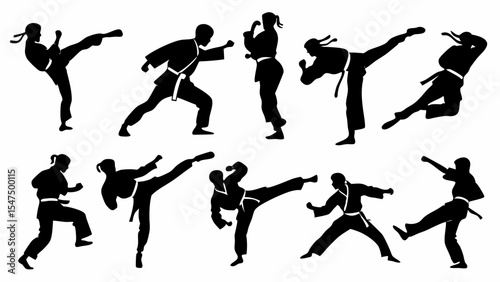 Dynamic martial arts silhouettes people training karate taekwondo kick punch action poses sport fitness