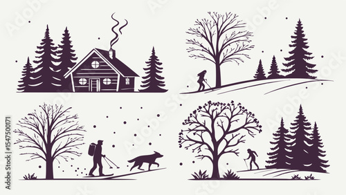 Winter outdoor activities vector illustration set. Snow landscape, cabin, forest, trees, people skiing, snowshoeing, dog.