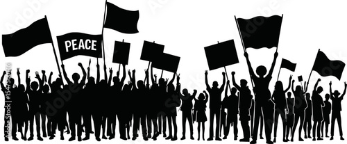 Group of people protesters vector silhouette illustration isolated. Man hand holding sign. Empty banner plate. Blank protest flag. Political agitation campaign. Demonstration social laborers rights