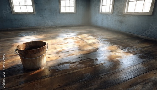 Empty wooden bucket on a wet wooden floor