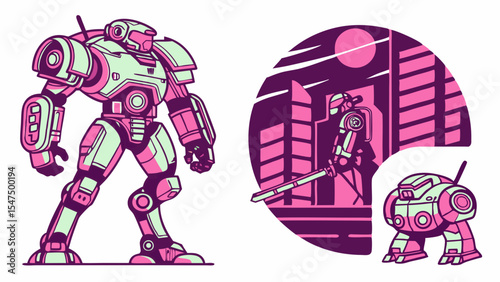 Futuristic Robot Illustration With Mech And Small Bot In Sci Fi City Skyline Digital Art Graphic Design Technology