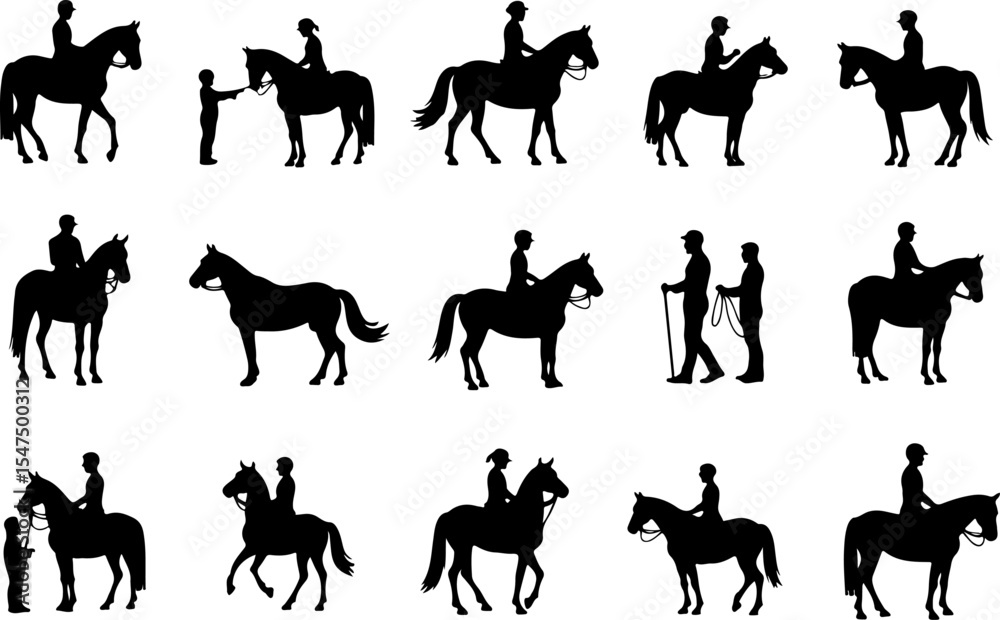 Fototapeta premium Silhouettes of Horse Riders and Horses vector bundle