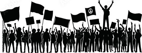 Group of people protesters vector silhouette illustration isolated. Man hand holding sign. Empty banner plate. Blank protest flag. Political agitation campaign. Demonstration social laborers rights