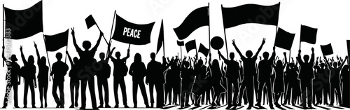 Group of people protesters vector silhouette illustration isolated. Man hand holding sign. Empty banner plate. Blank protest flag. Political agitation campaign. Demonstration social laborers rights