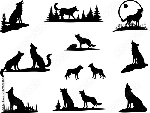 Wolf Silhouettes vector design bundle