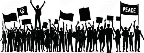 Group of people protesters vector silhouette illustration isolated. Man hand holding sign. Empty banner plate. Blank protest flag. Political agitation campaign. Demonstration social laborers rights