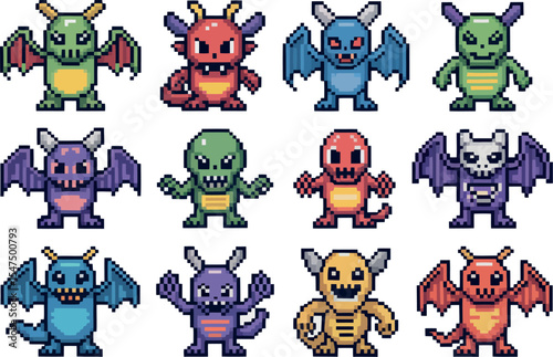  a collection of pixel art monsters. There are twelve different monster designs. They are stylized and colorful.