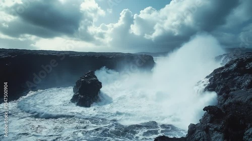 Majestic ocean waves crashing against rocky coastline under clouds