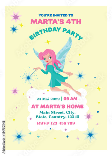 Invitation template for a children's party, birthday with a fairy and stardust on a light yellow background