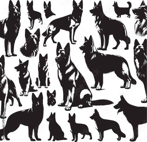 German Shepherd Dog Silhouette Vector | Black and White Illustration	