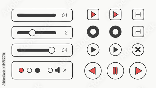Minimalist UI elements kit media player controls and sliders flat design icons for website and application interface