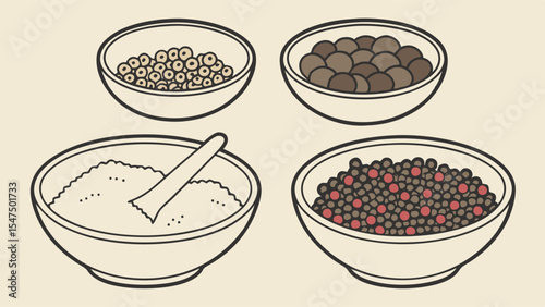 Four bowls with various peppercorns black white pink and ground pepper. Culinary spices seasoning ingredients for cooking food.