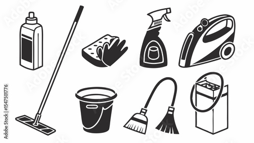 Cleaning supplies icons set. House cleaning tools and equipment. Black and white line art illustration.