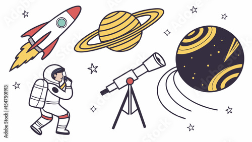 Astronaut rocket telescope planets stars space exploration astronomy science universe discovery adventure simple vector illustration