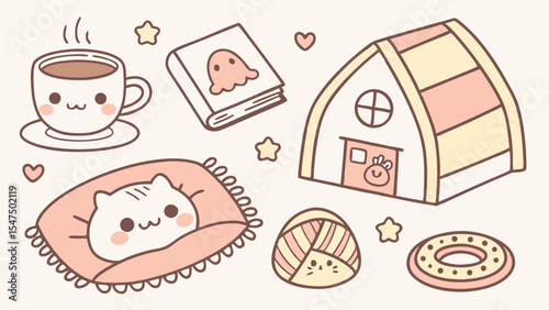 Kawaii cute cartoon illustration set of cozy home elements including cat coffee book house and sweets and more