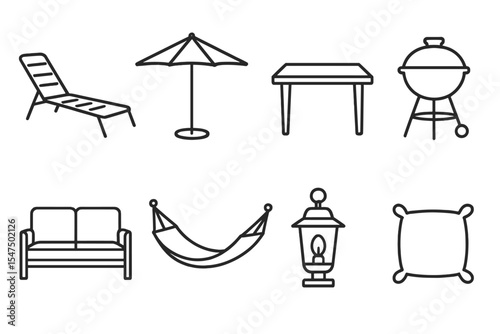 Line Style Patio Icons. Line style icons of patio furniture: lounge chair, patio umbrella, outdoor table, BBQ grill. garden sofa,