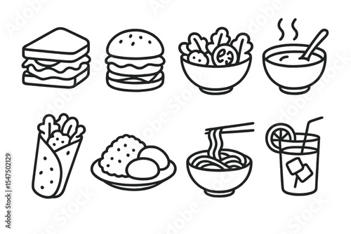 Lunch Meal Icons. Line style icons of lunch meals: sandwich, burger, salad bowl, soup bowl. wrap, rice plate, noodles, iced tea.