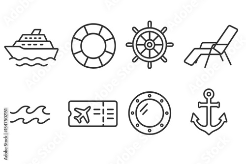 Cruise Travel Icons. Line style icons of cruise travel: cruise ship, lifebuoy, ship wheel, deck chair. ocean wave, boarding pass,