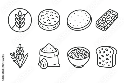 Gluten-Free Food Icons. Line style icons of gluten-free food: gluten-free symbol, rice cake, corn tortilla, nut bar. quinoa,