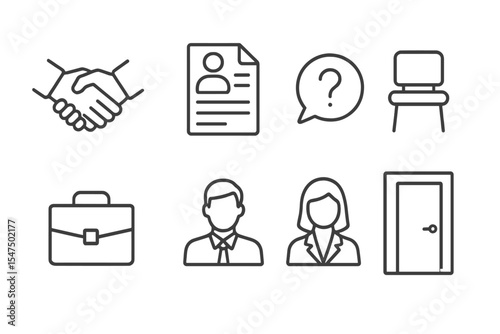 Job Interview Icons. Line style icons of job interview: handshake, resume, question bubble, waiting chair. briefcase, candidate