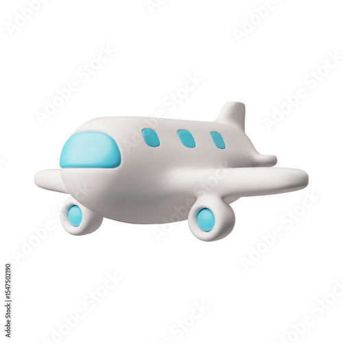 3D airplane with blue portholes, cartoon plastic style vector illustration, realistic white commercial jet air transport