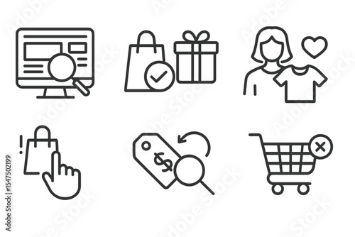Shopping Behavior Icons. Line style icons of shopping behavior: browsing icon, compare icon, add to wishlist, try-on. impulse buy,