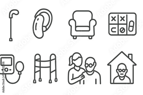 Elderly Care Icons. Line style icons of elderly care: walking cane, hearing aid, senior chair, pill organizer. blood pressure