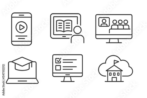Education Tech Icons. Line style icons of education technology: learning app, tablet study, virtual classroom, online course. LMS