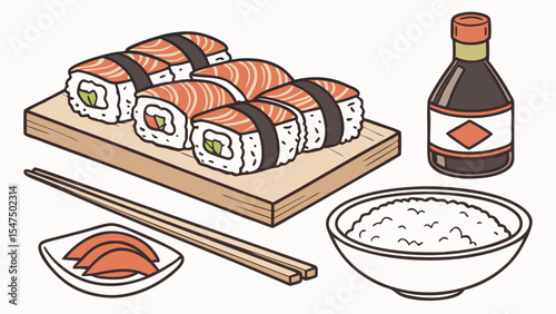 Delicious Japanese Sushi Set with Salmon Maki Rolls Nigiri Soy Sauce Rice Ginger and Chopsticks on Wood Board