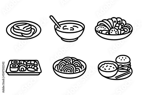 Line Style Meal Icons. Line style icons of restaurant meals: steak plate, soup bowl, seafood platter, pasta dish. sushi tray,