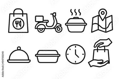Food Delivery Icons. Line style icons of food delivery: food bag, scooter delivery, hot meal box, delivery map. order tray,