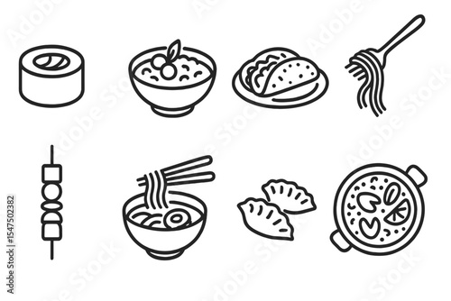 International Cuisine Icons. Line style icons of international cuisine: sushi roll, curry bowl, taco plate, pasta fork. kebab