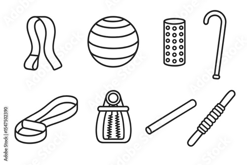 Physical Therapy Icons. Line style icons of physical therapy tools: resistance band, balance ball, foam roller, therapy cane.