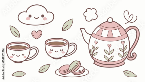 Kawaii cute pastel tea time illustration vector with teapot teacups macarons and cloud