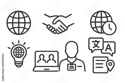 Cross-Border Volunteer Icons. Line style icons of cross-border volunteering: globe icon, international handshake, timezone icon,
