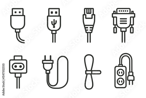 Cable Icon Collection. Line style icons of cables and connectors: HDMI cable, USB cable, LAN cable, VGA cable. splitter adapter,