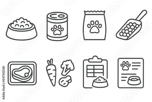 Pet Food Icons. Line style icons of pet food: kibble bowl, wet food can, treat bag, food scoop. raw meat tray, veggie snack,