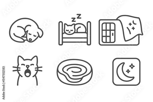 Pet Sleeping Icons. Line style icons of pet sleeping habits: curled dog, cat in bed, sleeping crate, night blanket. yawn icon,
