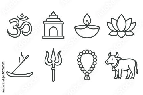 Hindu Symbols Line Icons. Line style icons of Hindu symbols: Om symbol, temple, diya lamp, lotus flower. incense holder, trident