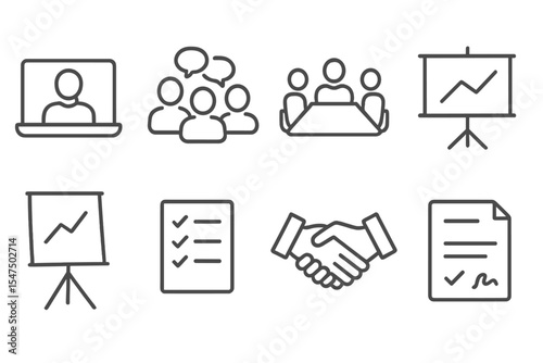 Work Meeting Icons. Line style icons of work meetings: video call, group brainstorm, boardroom table, projector screen. flipchart,