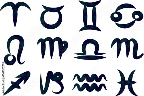 dark blue green colored paint brush hand drawn zodiac signs