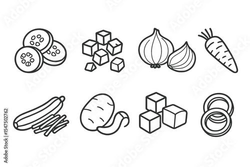 Vegetable Cutting Icons. Line style icons of kitchen cuts of vegetables: sliced cucumber, diced tomato, chopped onion, grated