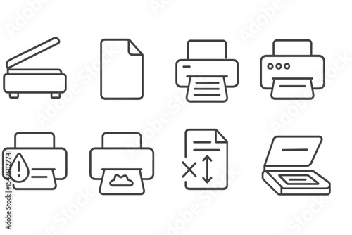 Printing and Scanning Icons. Line style icons of printing and scanning: scanner lid, A4 sheet, paper feed, printer buttons. ink