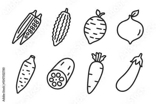 Exotic Vegetable Icons. Line style icons of exotic vegetables: okra, bitter melon, taro root, jicama. yucca, lotus root, daikon,