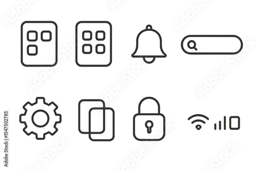Basic Mobile UI Icons. Line style icons of basic mobile UI: home screen, app drawer, notification icon, search bar. settings gear,