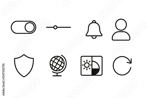App Settings Icons. Line style icons of app settings screens: toggle switch, slider bar, notification bell, account icon. privacy
