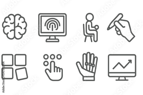 Neurological Rehab Icons. Line style icons of neurological rehab: brain icon, neuro scan, motor training, fine motor tool. memory