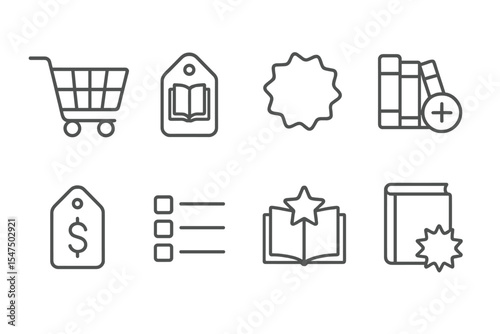 Online Bookstore Icons. Line style icons of online book store: shopping cart, e-book tag, sale label, add to library. price icon,