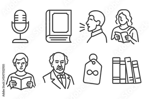 Classic Literature Icons. Line style icons of classic literature in audio: vintage mic, old book, historical voice, epic narration